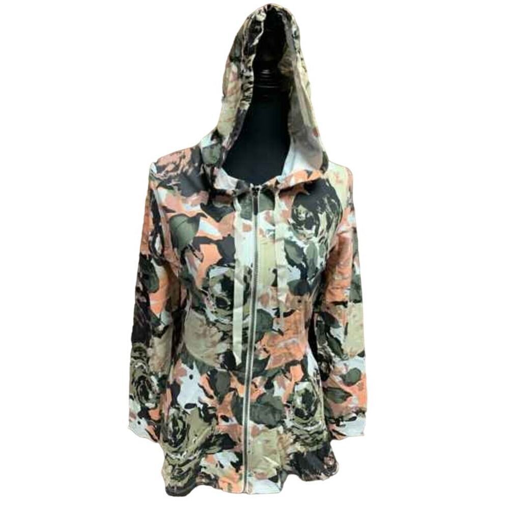 Women's Isaac Mizrahi Live Hooded Zip Jacket Printed Flare Waisted Coat Sz Small